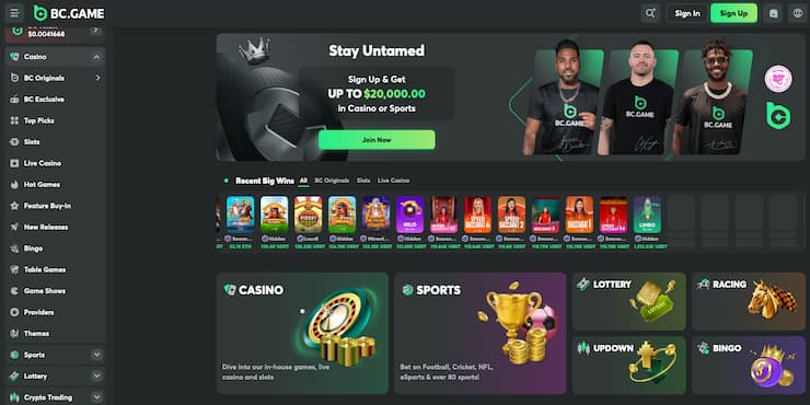 A view of the interface on BC Game, one of the best online gambling sites for real money. 